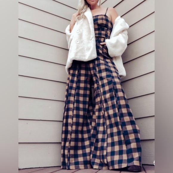 Free People Strapless Plaid Belted Jumpsuit in Navy and Tan - Picture 9 of 15